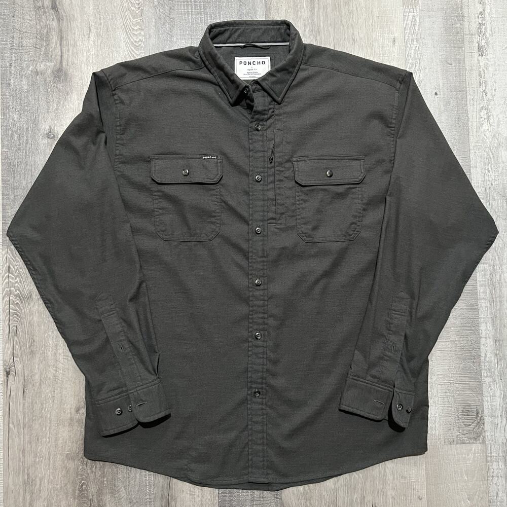 Poncho Shirt Mens L REG Dark Gray Solid Magnetic 3 Pocket Stretch Button Up